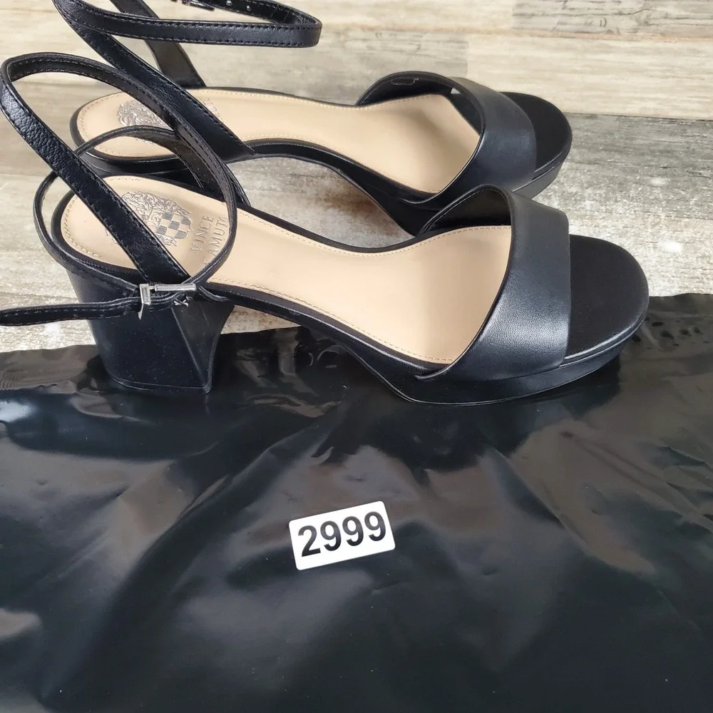 Vince Camuto Pendreya Womens Sandals Sz 7.5 M Black Baby Sheep Block Heel‎